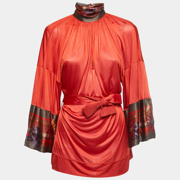 Class by Roberto Cavalli Brick Red Jersey & Silk Belted Top M - Picture 2 of 6